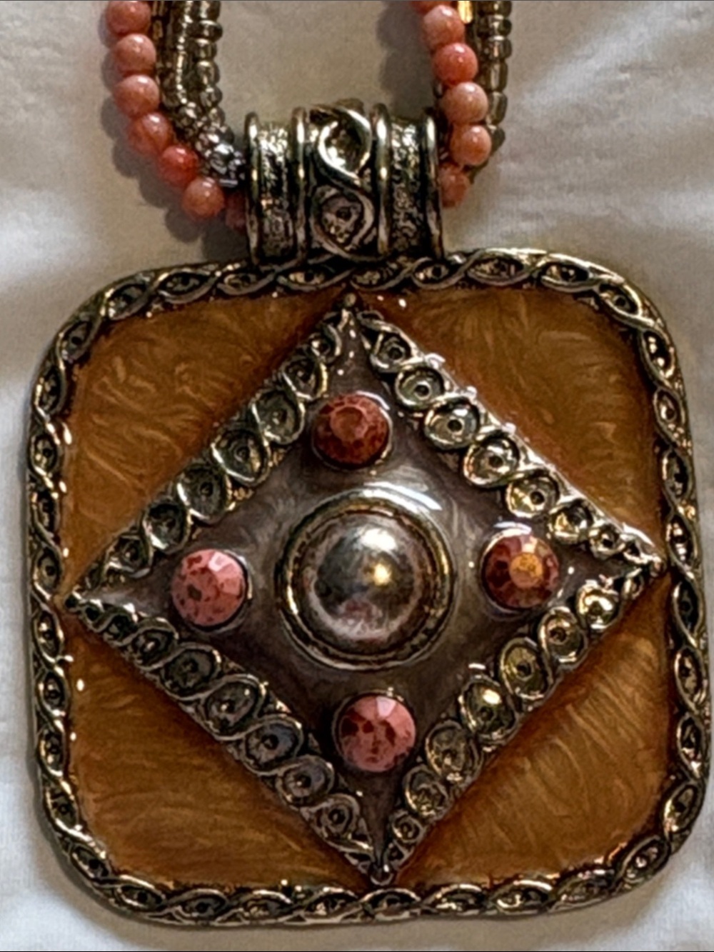 Bohemian-style multi-strand Necklace - large square peach pendant